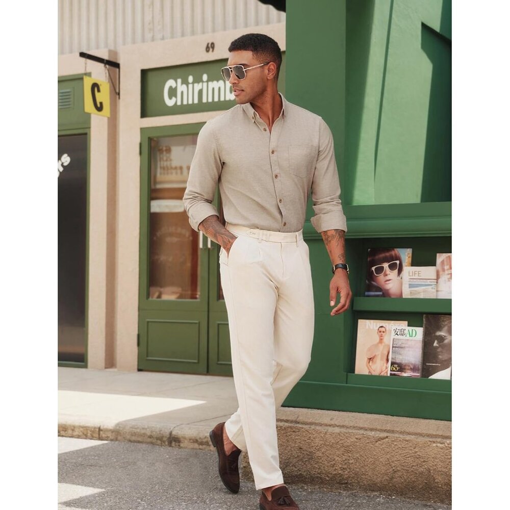 Men's Beige Classic Fit Linen Long Sleeve Button Down Casual Shirts - Picture 3 of 6